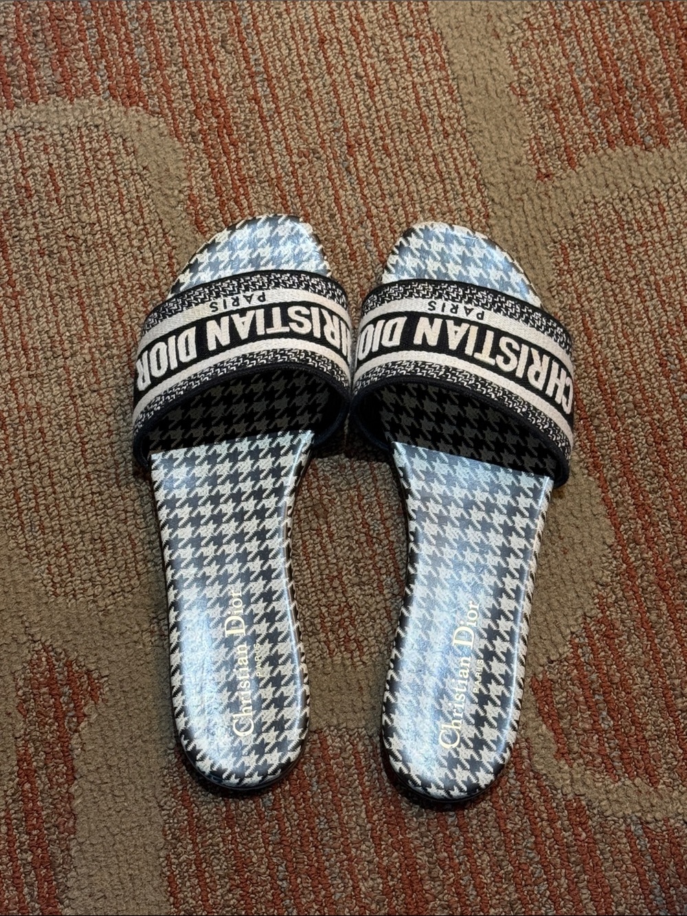 Dior Light Blue & Black Houndstooth Slide Sandals